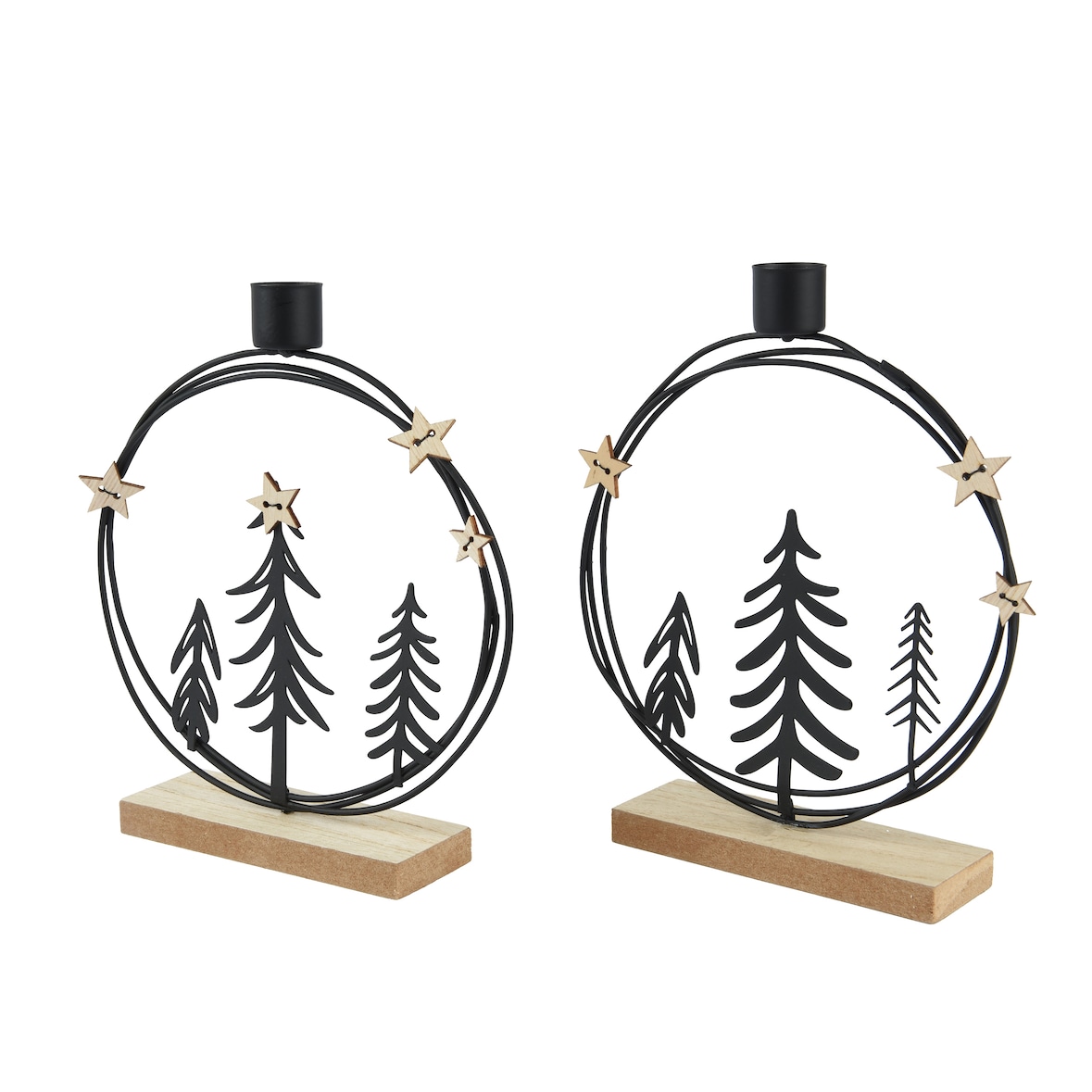 1 Kerzenhalter Metall 20cm - Kerzenständer mit Waldmotiv Deko Aufsteller Weihnachten Tischdeko Stabkerzenhalter Spitzkerzenhalter Winterdeko Schwarz