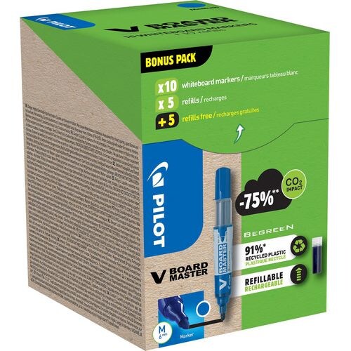 Pack de 10 marqueurs effaçables encre liquide V-Board Master, pointe conique moyenne, coul. bleue +10 recharges