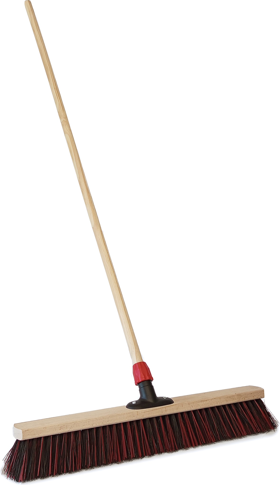 Saalbesen, Arenga/PET Kunstfaser rot, 600 mm, Universalstielhalter mit Überwurfmutter Ø 24 mm, mit 1400 mm Holzstiel Ø 24 mm