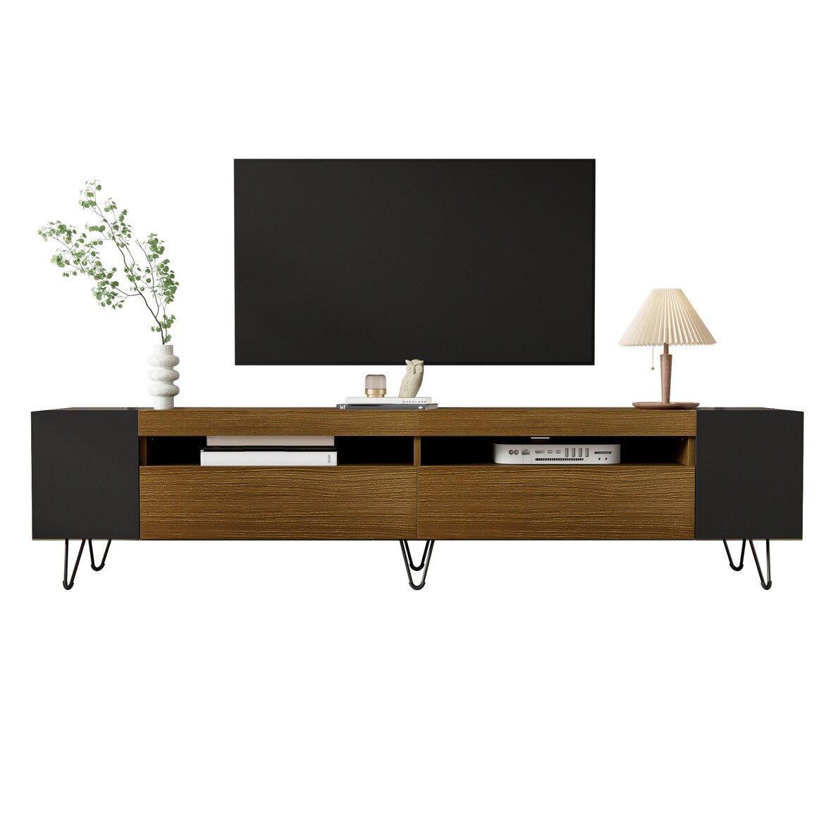 TV-Schrank 180x36x43 cm in Schwarz und Holzoptik mit 2 Türen, offenen Fächern und Kabelmanagement für modernes Wohnzimmer