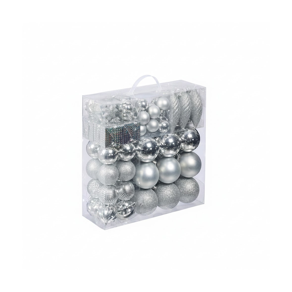 Relaxdays Weihnachtskugeln 110er Set, Kunststoff, Weihnachtsbaumdeko mit Kugeln & Lametta, Christbaumschmuck, silber