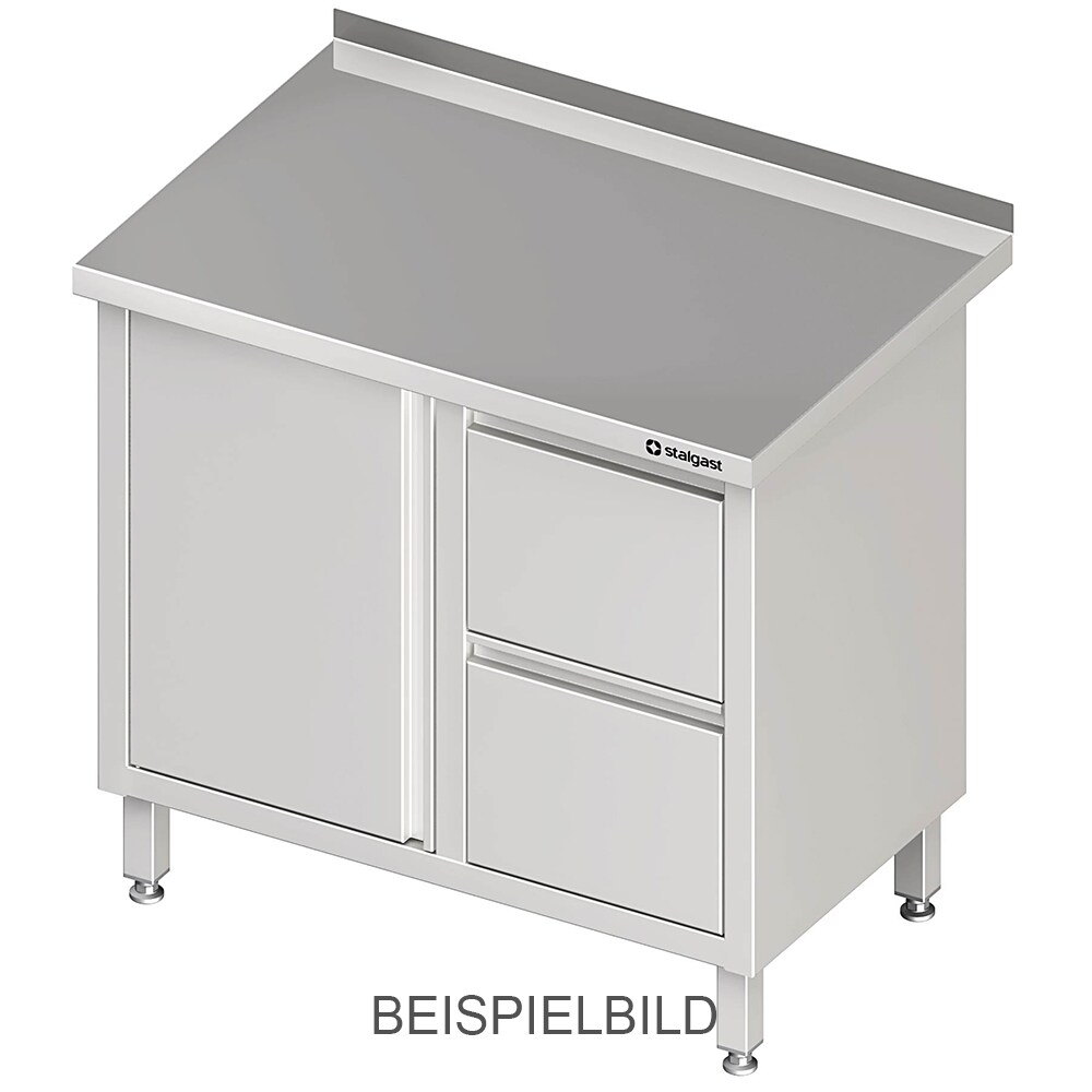 Stalgast Edelstahl Arbeitsschrank mit Flügeltür, 1000x600x850 mm, mit 2er Schubladenblock links, ohne Aufkantung, verschweißt
