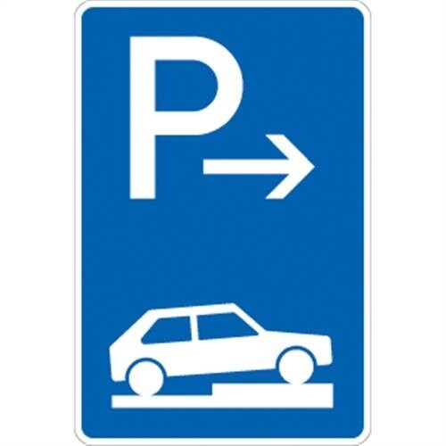 Verkehrsschild VZ315-77, Parken halb auf Gehwegen quer rechts (Ende), Alu, RA1, 600x900 mm