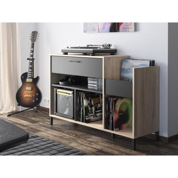 Meuble rangement vinyle -   - Platine - Style urbain - Décor chene - Noir - L 115 x P 40 x H 81 cm GAMI