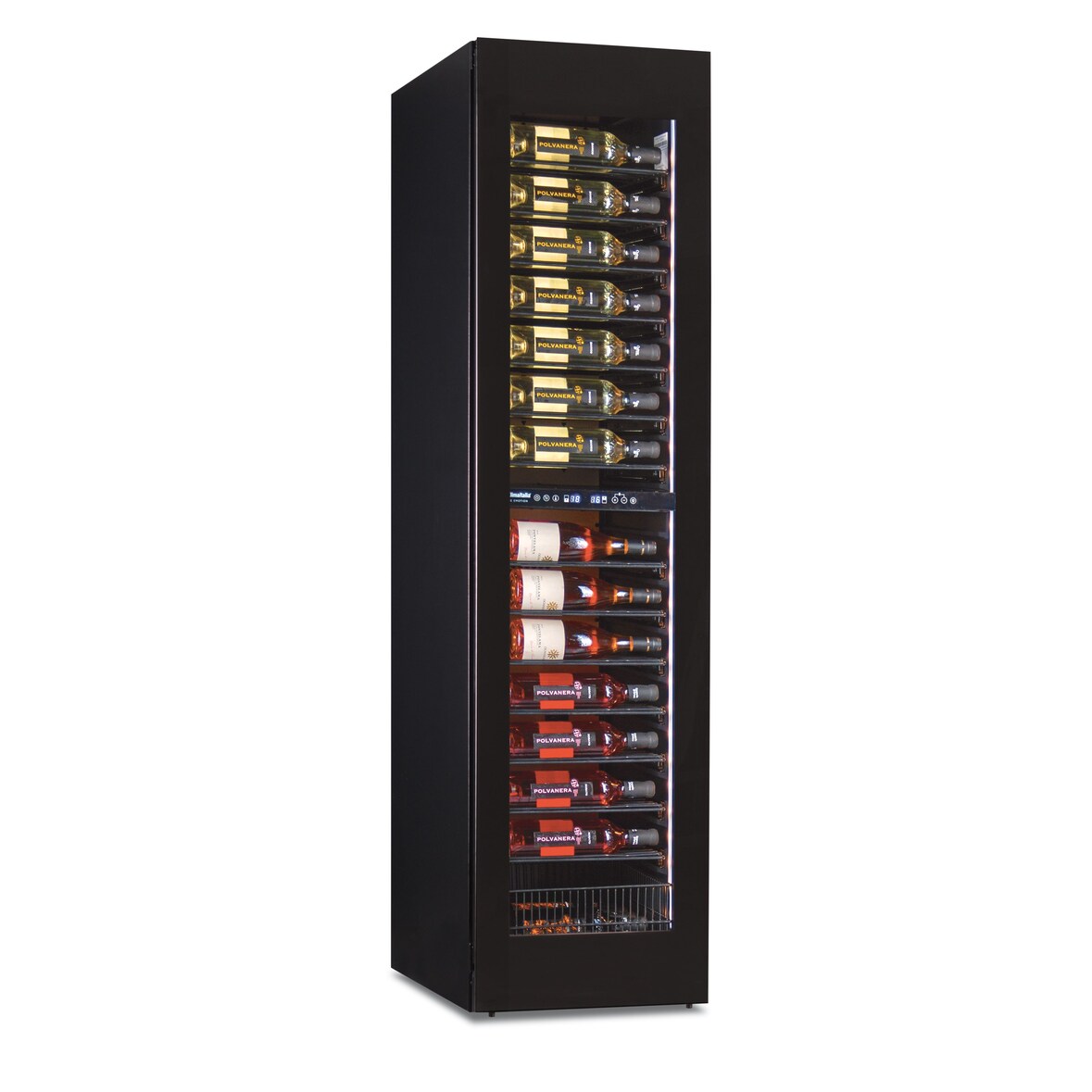 Frigo vini slim 45 cm 2 temperature. 105 bottiglie. Porta vetro a sfioro. Luce led. Mensole inox. Termometro digitale. Modello SLIMWINE-SW105-2TB