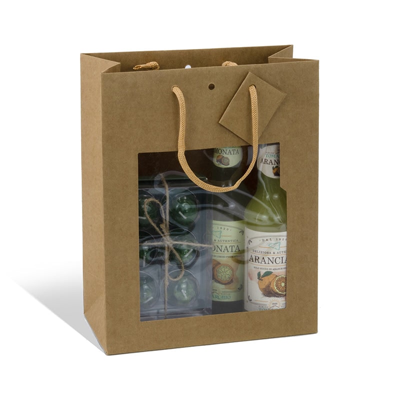 Luxus-Tüte Middle Vertical mit Fenster braunes Kraftpapier Kordelgriffe 22 + 11 x 28 cm je 168 - Gimex