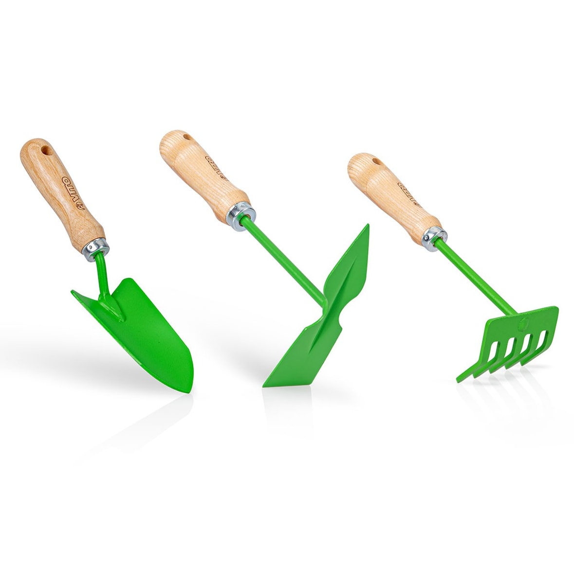 Kit 3 outils de jardin Acier et manche bois de hêtre Transplantoir + Serfouette + Rateau 5 dents VITO