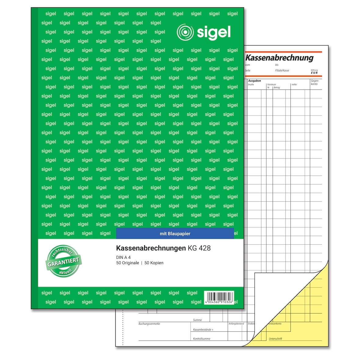 Sigel KG428 Kassenabrechnungen, einfaches Satzbild, 1. und 2. Blatt bedruckt, A4, mit Blaupapier, 2 x 50 Blatt