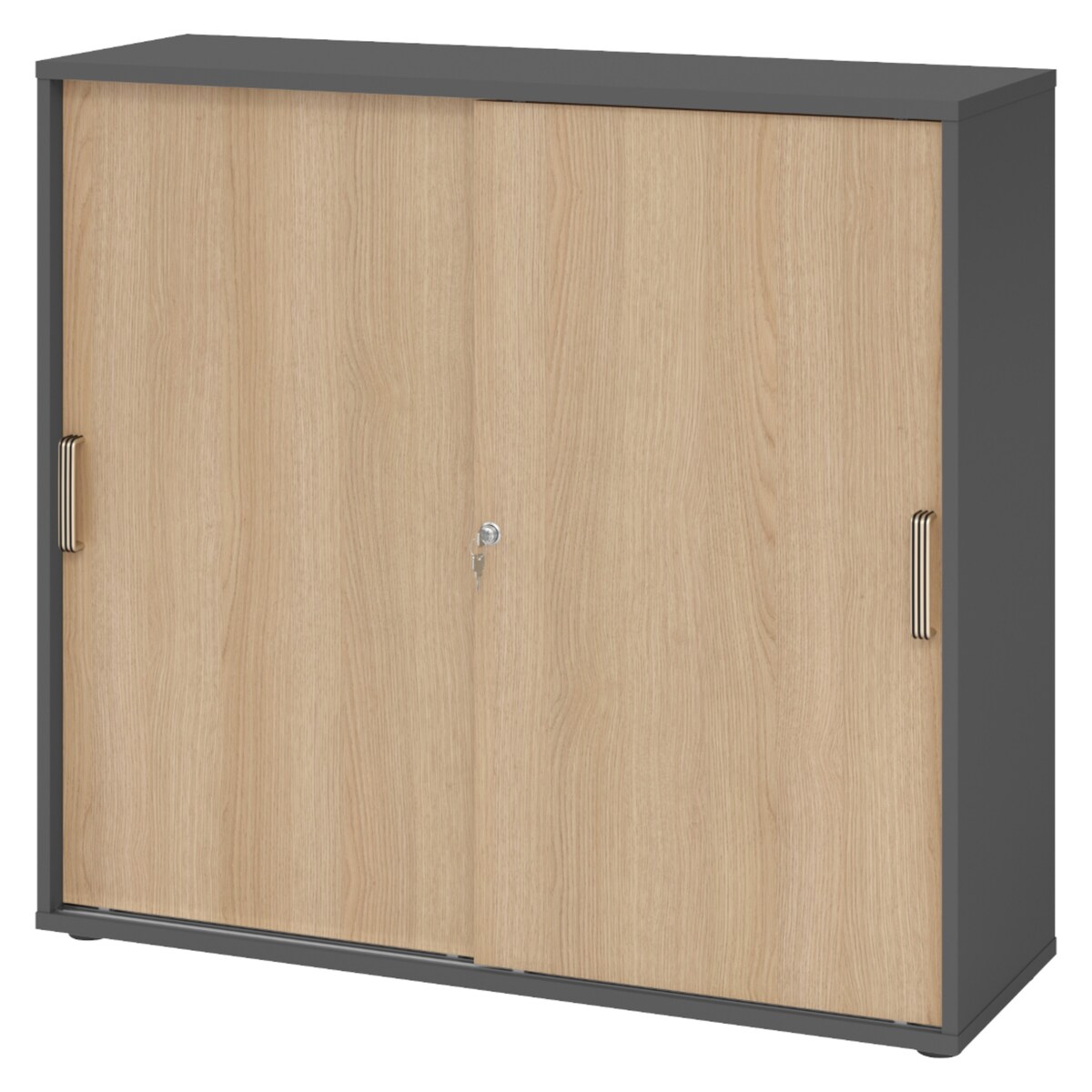 bümö Schiebetürenschrank 3OH - Aktenschrank abschließbar, Sideboard Schrank mit Schiebetüren in Graphit/Eiche, Streifengriff - Büroschrank aus Holz