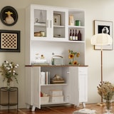 thumbnail of Hochschrank mit rustikalem Design und weißer Holzmaserung 114x40x190, 5 Türen,1 Schublade und 2 offene Fächer für Stauraum in Wohnzimmer und Esszimmer