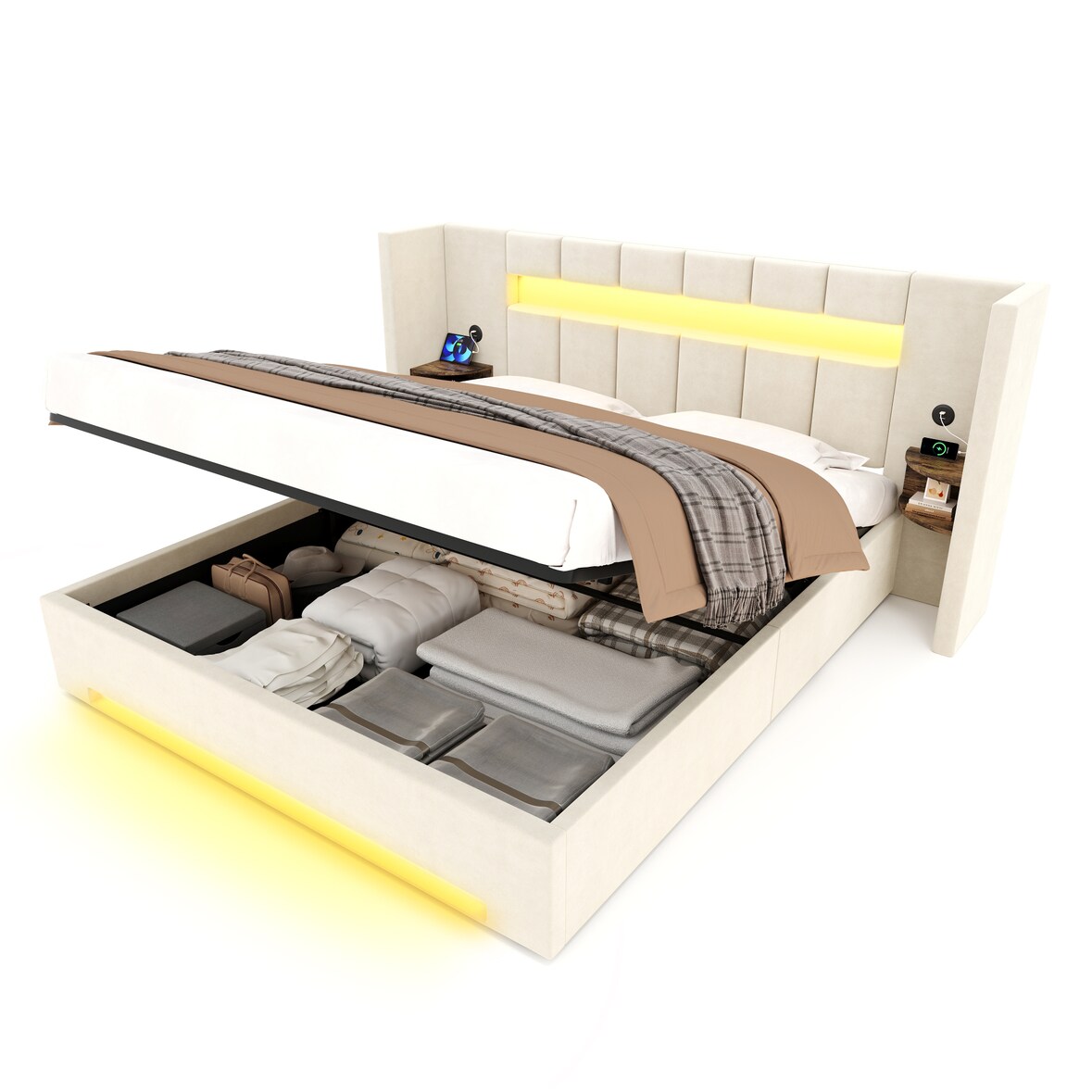 Merax Polsterbett 180x200 cm mit LED & Stauraum, Doppelbett mit hydraulischem Bettkasten, USB-Anschluss, breitem Kopfteil & Lattenrost, Samt, Beige