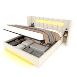 thumbnail of Merax Polsterbett 180x200 cm mit LED & Stauraum, Doppelbett mit hydraulischem Bettkasten, USB-Anschluss, breitem Kopfteil & Lattenrost, Samt, Beige