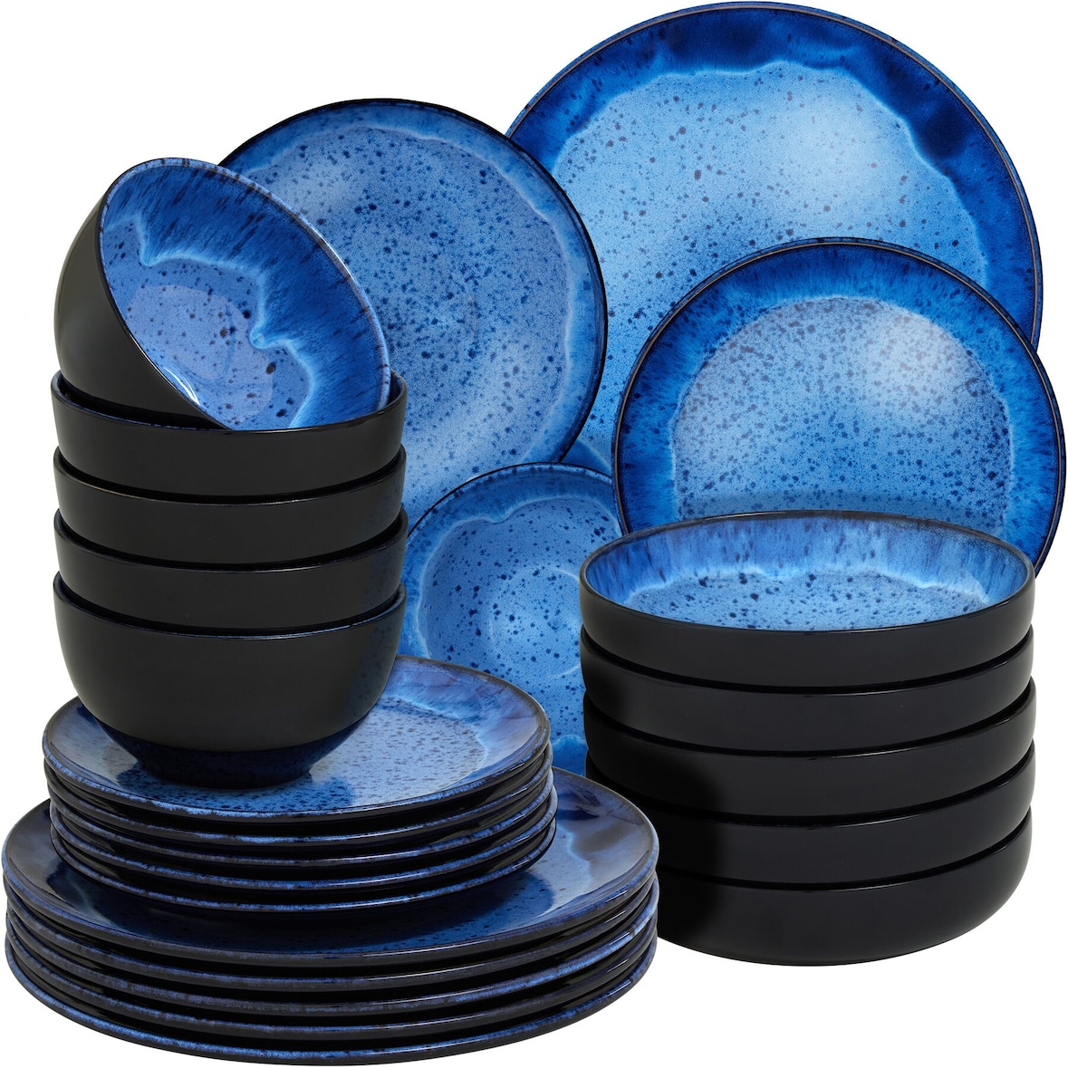tectake Set di stoviglie Mare in terracotta per 6 persone, 24 pezzi, blu