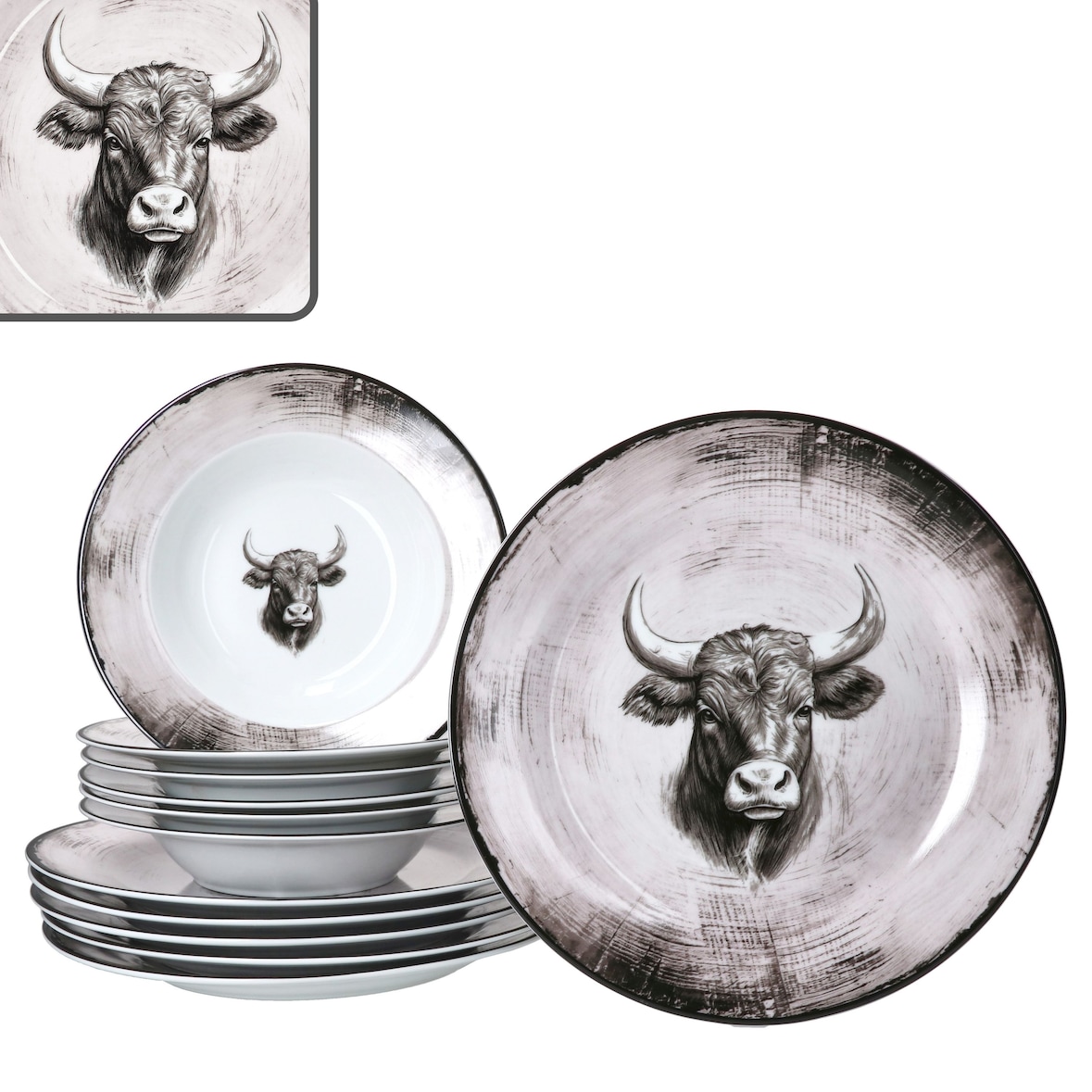 Toro 12tlg Tafelservice Porzellan 6 Pers Speiseteller Suppenteller Kuh rosa