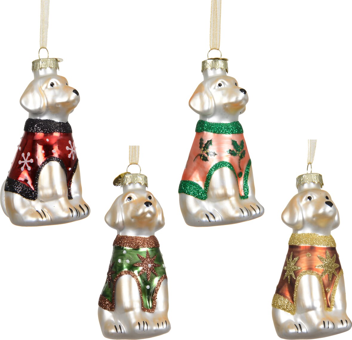 1 Christbaumschmuck Glas 8,9cm Hund mit Pullover Figur zum Aufhängen - Weihnachtsbaum Anhänger Weihnachten Weihnachtsbaumschmuck Tiere Hunde Beige