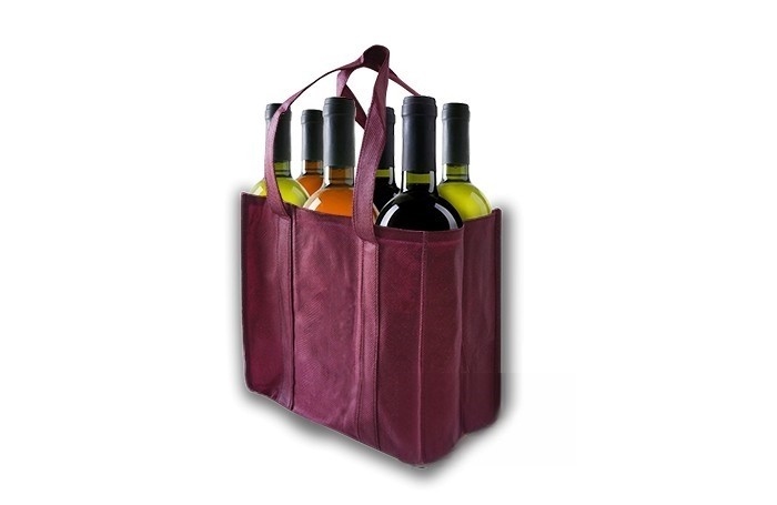 Saco para 6 garrafas de vinho, cor bordô, qualidade novotex (polipropileno). 25 unid. Modelo: BVN001