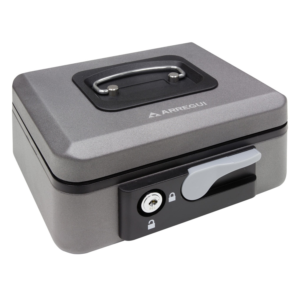 ARREGUI Popup C9726 Caja Caudales con Llave y Pulsador de Apertura| Caja de Seguridad acero y bandeja interior | Caja fuerte portatil 20 cm ancho|Gris