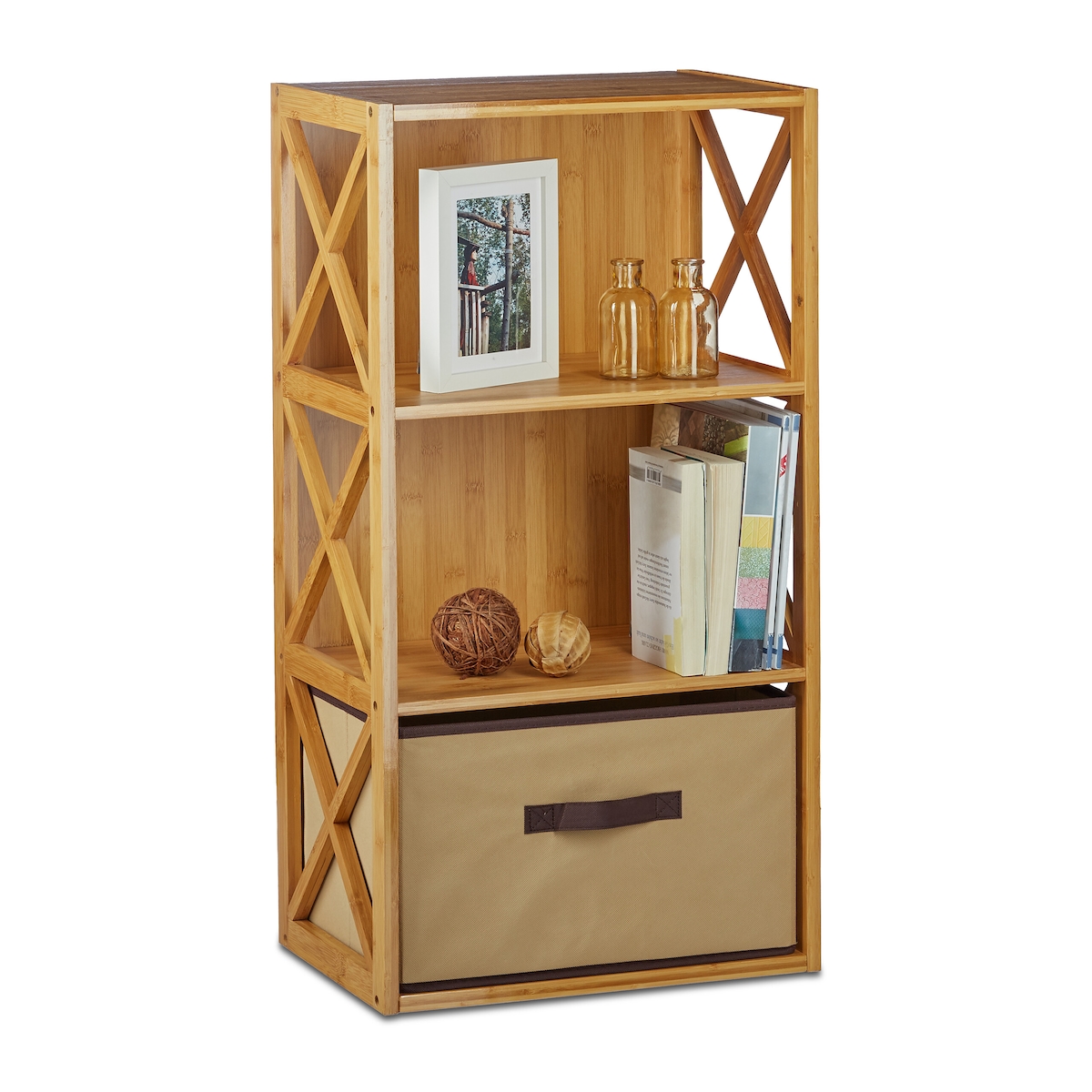 Relaxdays Regal Bambus mit Korb, 3 Ablagen, Holz Standregal, Badregal, Faltbox, HxBxT: 80 x 42 x 29 cm, natur braun