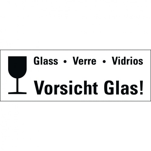 Aufkleber I Hinweisetikett Vorsicht Glas!, 4-spr., weiß, Haftpapier, permanent, 170x60mm, 250/Rolle