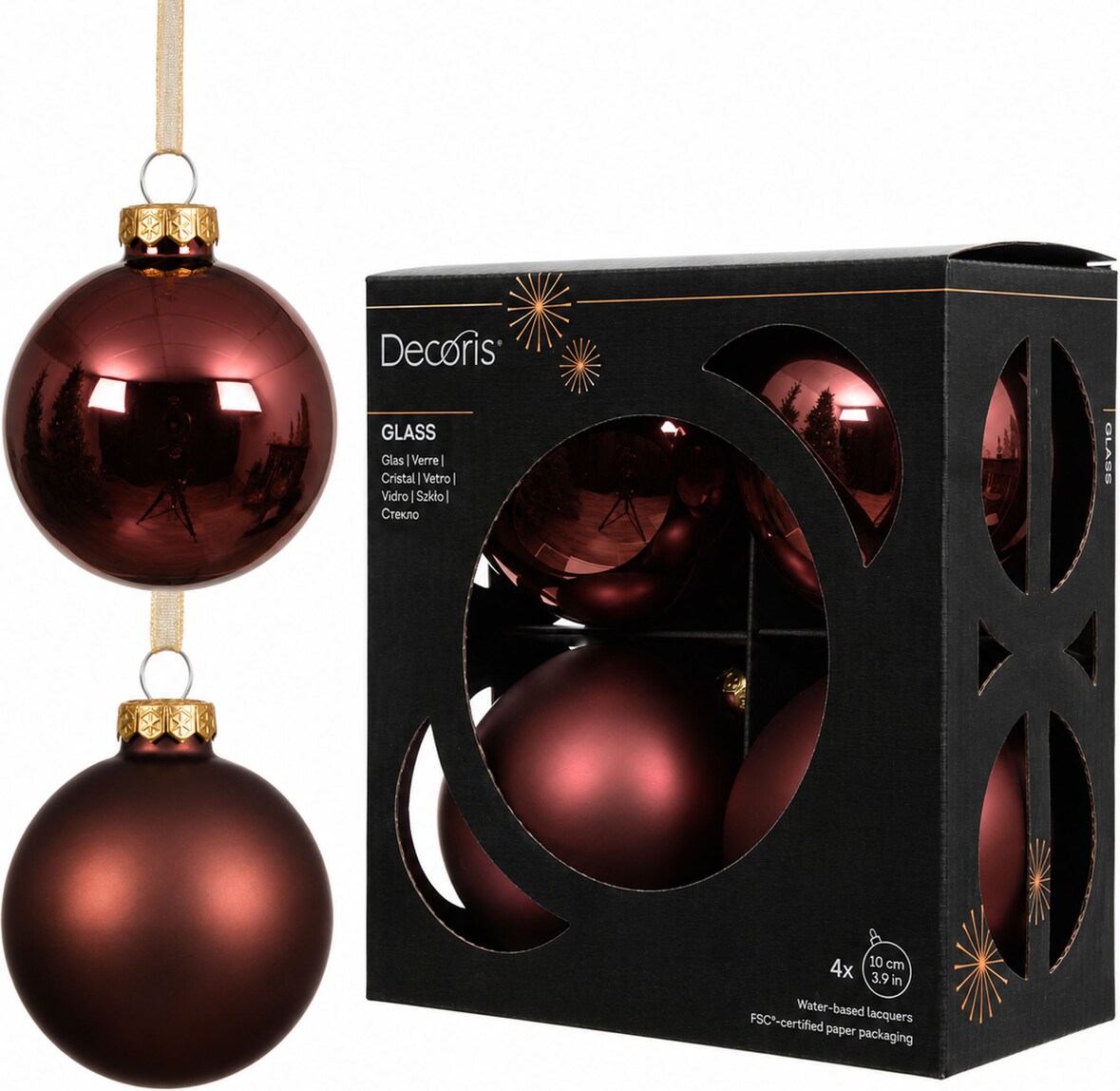 4 Weihnachtskugeln Glas 10cm matt & glänzend Christbaumkugeln Weihnachtsbaumkugeln Groß Christbaumschmuck Weihnachtsbaumschmuck Deko Kastanienbraun