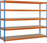 thumbnail of SimonRack Estantería Industrial, 2500x1500x750 mm, 400 kg de Punto Flexión, 5 Estantes Madera, Estantería Garaje, Azul/Naranja/Madera - Ecoforte
