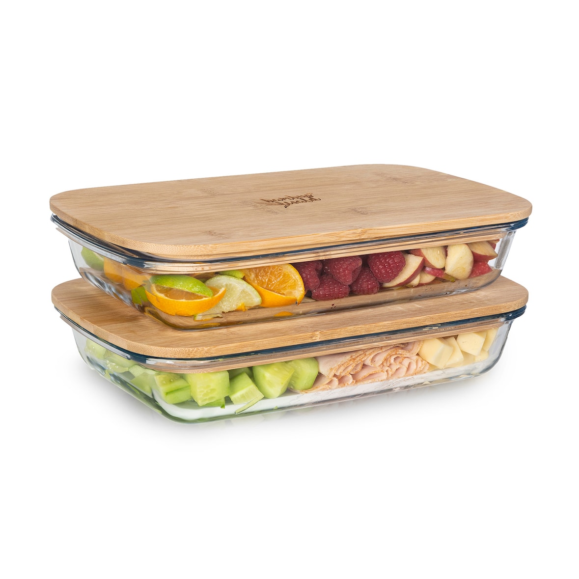 Aufschnittbox mit Deckel 1,6 Liter 2er Set Glas Bambus hitzebeständig Transparent