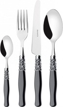 Cubertería Bugatti Selene 24 Piezas | Acero Inoxidable 18/10 | Mangos Nácar Negro Con Anillo Cromo