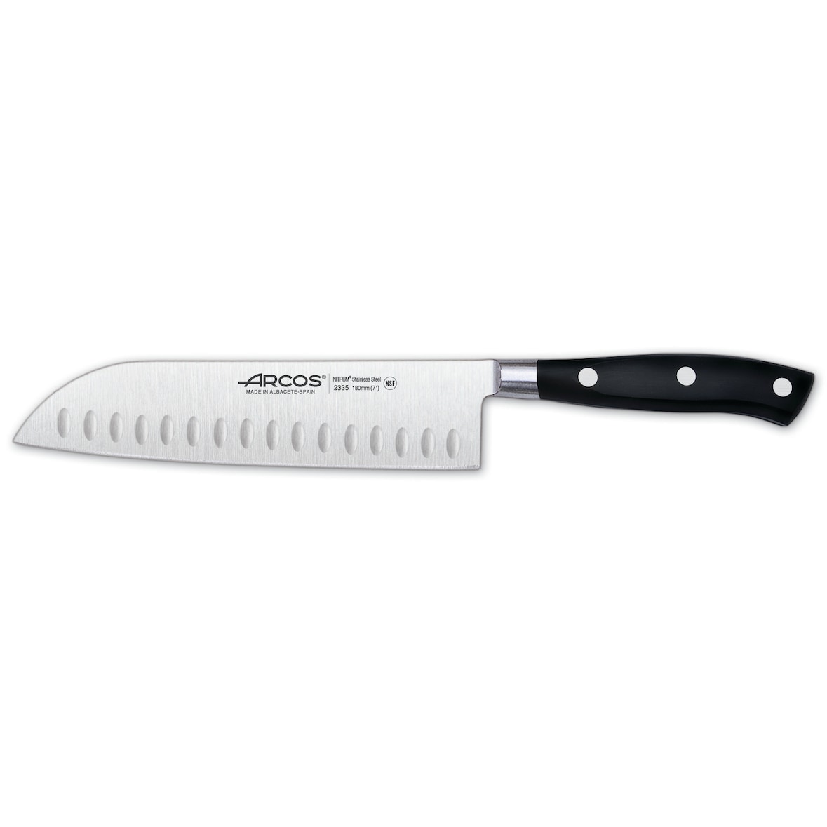 Arcos Cuchillo Santoku Cuchillo Asiático, Hoja de Acero Inoxidable Forjado NITRUM 180 mm, Mango de Polyoxymethylene (POM), Color Negro