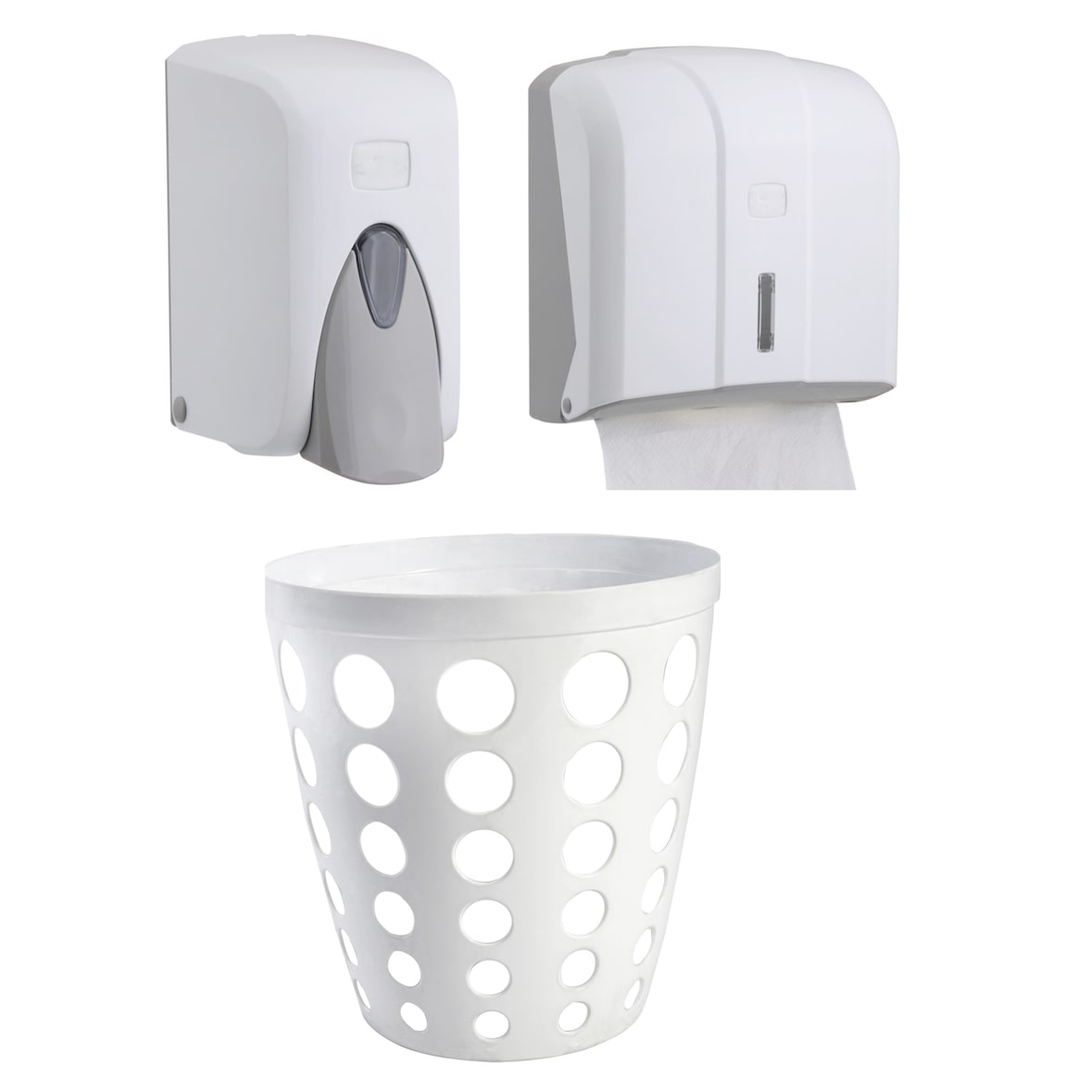 CleanSV® Via Set 3 teilig  weiss  Seifenspender 500 ml  Papierhandtuchspender Papierkorb