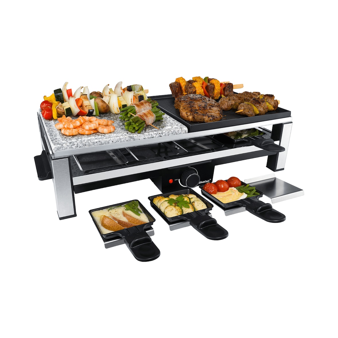 Steba Multi Raclette RC 108 mit Grillplatte und Natursteinplatte, inklusive Pfännchenablagen und Pfännchenschaber