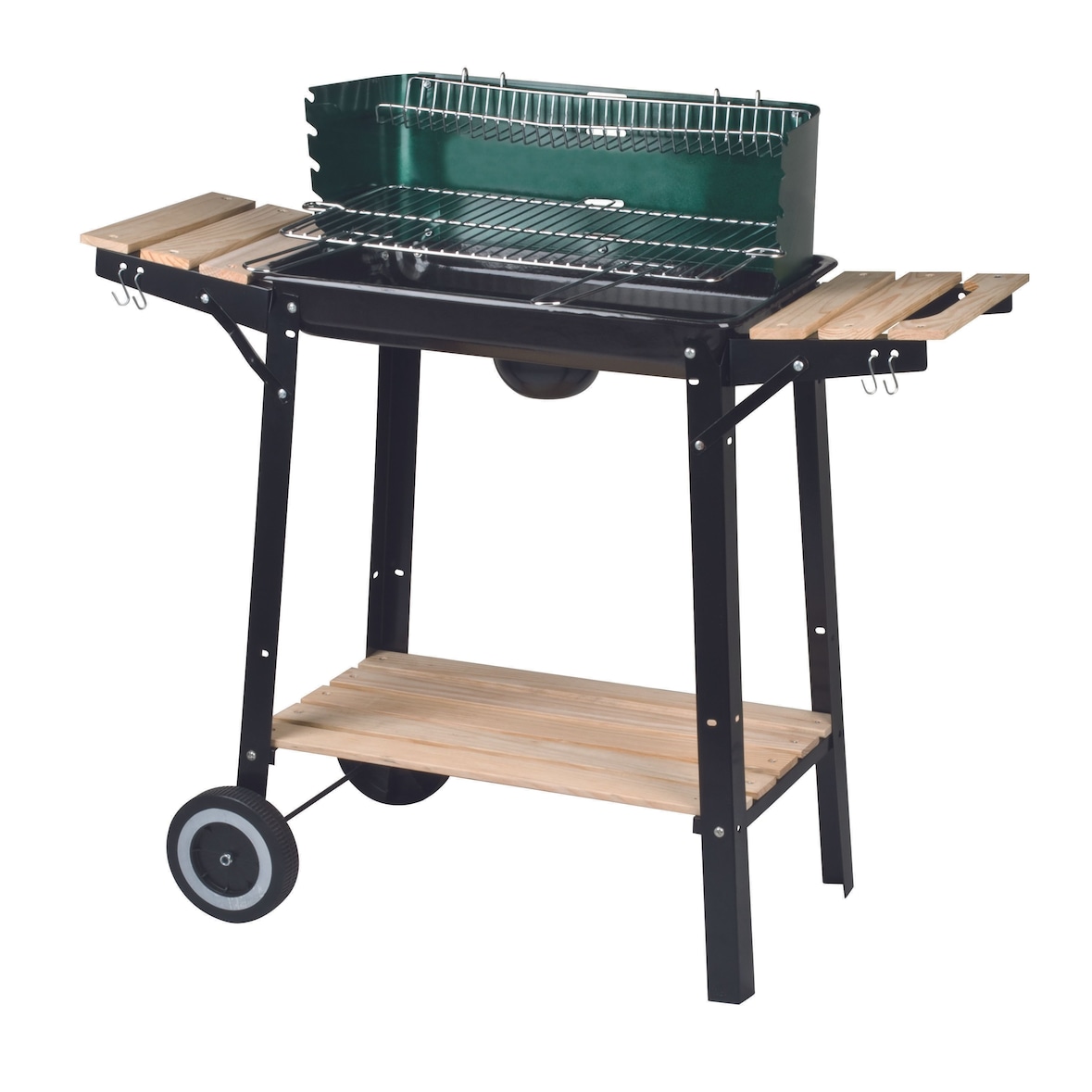 aro Holzkohle Grillwagen, Grillfläche 48 x 28.5 cm, Seiten- und Untenablage, fahrbar, Stahl/Holz, grün