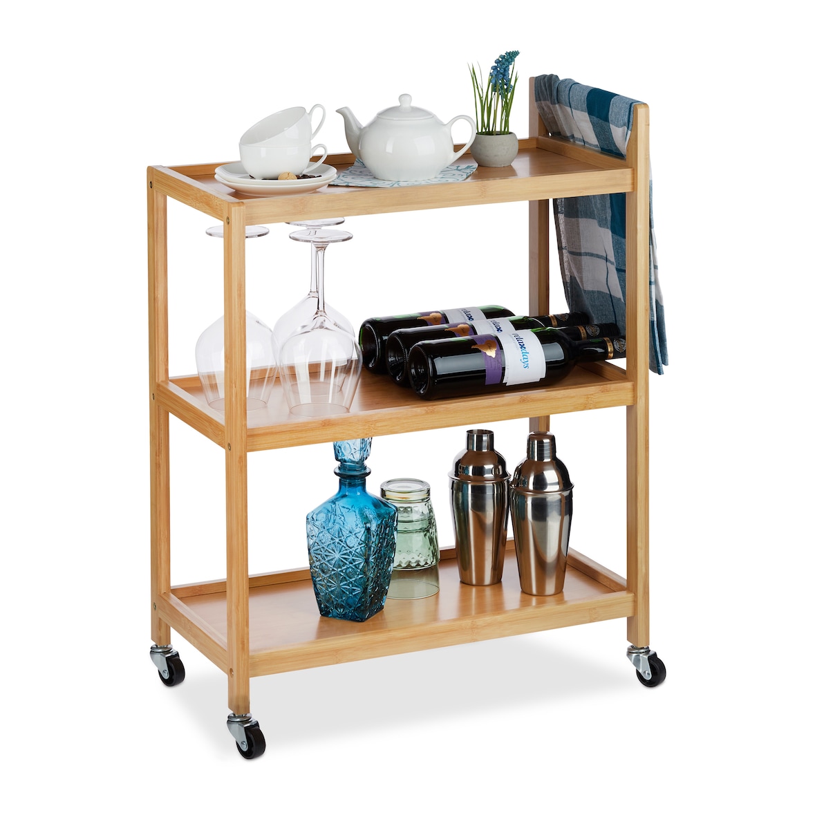 Relaxdays Servierwagen Bambus, 3 Ablagen, natürliche Optik, 360° drehbare Rollen, Rollwagen, HxBxT: 76x58x30 cm, natur
