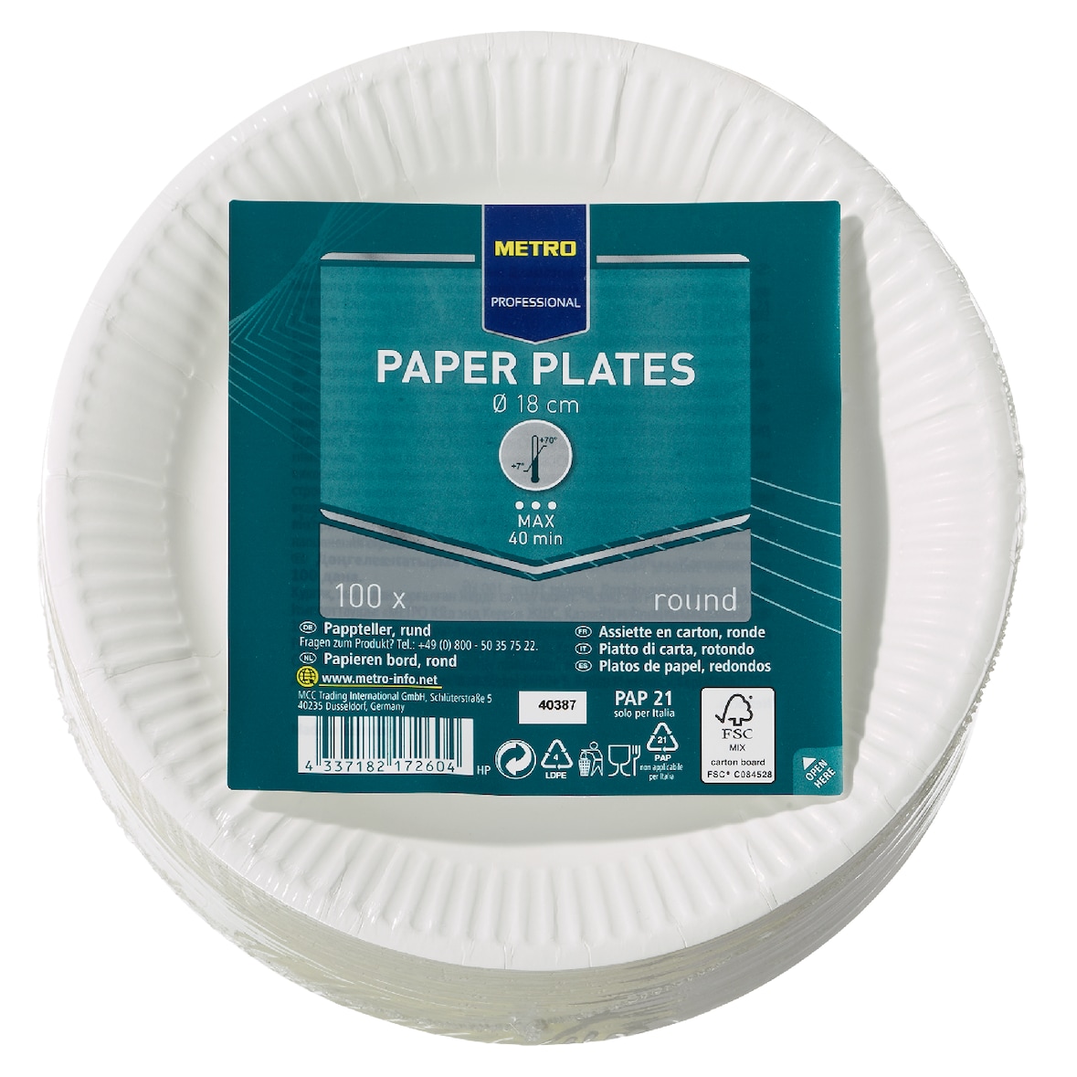 METRO Professional Pratos, papelão, redondos, Ø 18 cm, branco, 100 unidades