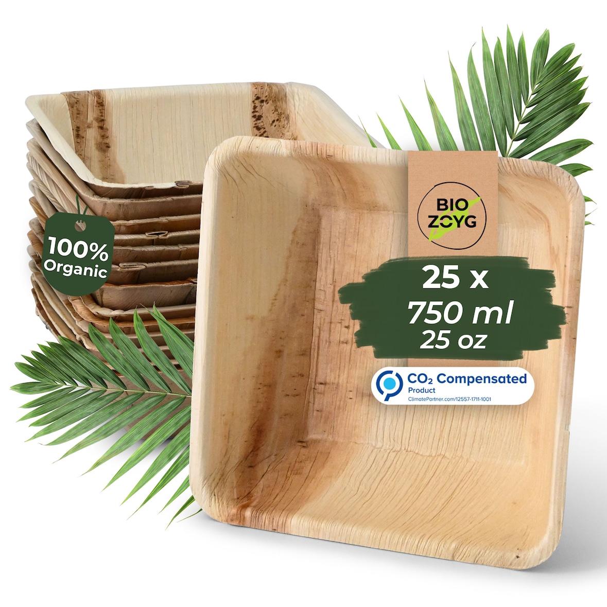BIOZOYG 25 Stück quadratische Einwegschalen Palmblattschalen 750ml für Partys, umweltfreundliches Biogeschirr, Einmalgeschirr, biologisch abbaubar
