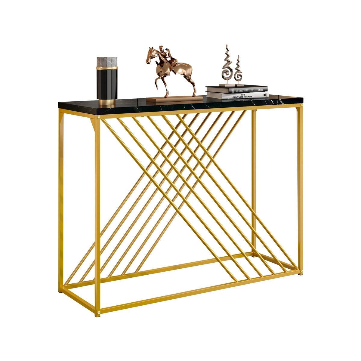 OKWISH Beistelltisch Retro Hochglanz Schwarz 100x35x77 cm Goldrahmen Luxus Modern Wohnzimmer Flur Eingang Tisch Elegantes Design