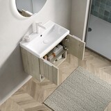 thumbnail of Waschtisch 55x32x53 Wandmontage Badezimmer Keramikbecken Multiplex Schrank Soft-Close Türen Offenes Regal Modern Weiß+Eiche