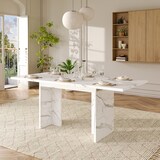 thumbnail of Ausziehbarer Esstisch MDF Weißer Marmor 140-180x80 cm, rechteckig, 30 mm Tischplatte, T-förmige Beine, für 6-8 Personen