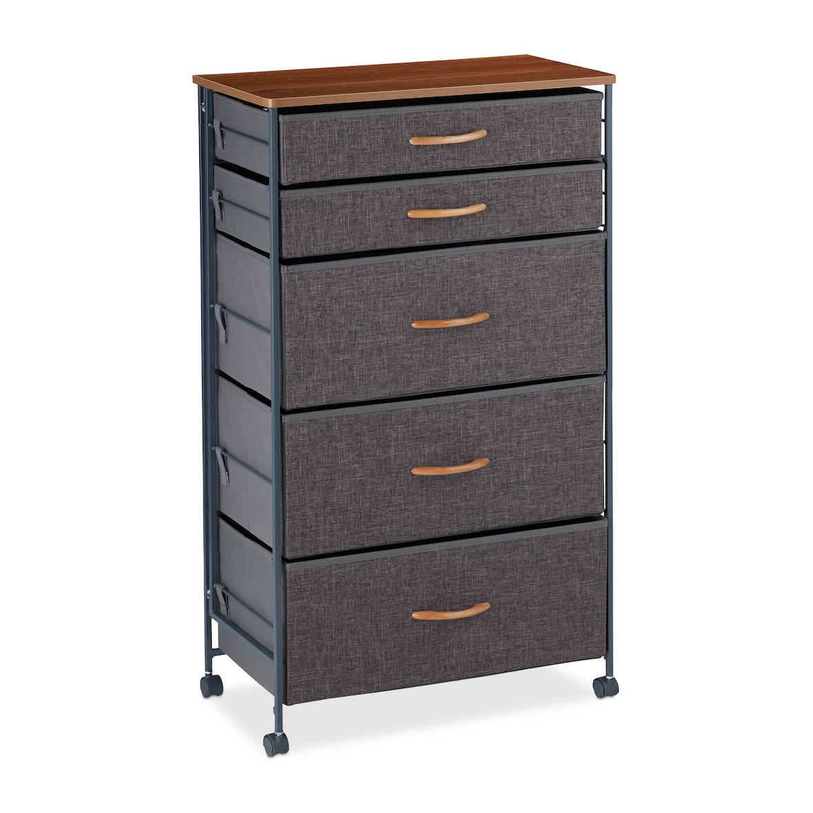 Relaxdays Schubladenschrank mit Rollen, 5 Stoff Schubladen, Deko Stoffschrank, Holzoptik, HBT 96,5 x 58 x 30 cm, grau