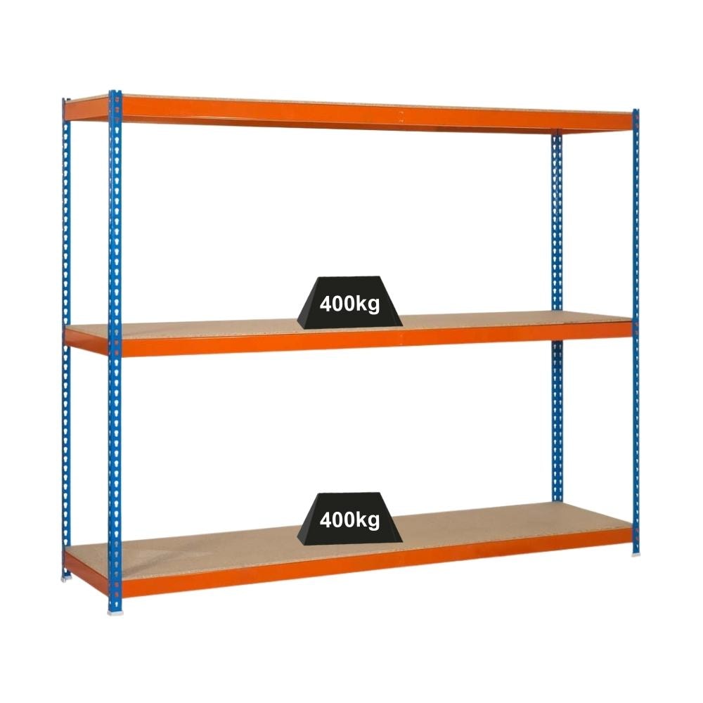 PROREGAL Schwerlastregal MID WOOD YETI THREE | HxBxT 150x150x60cm | Fachlast 400kg | Blau-Orange | Regal Standregal Werkstattregal Lagerregal