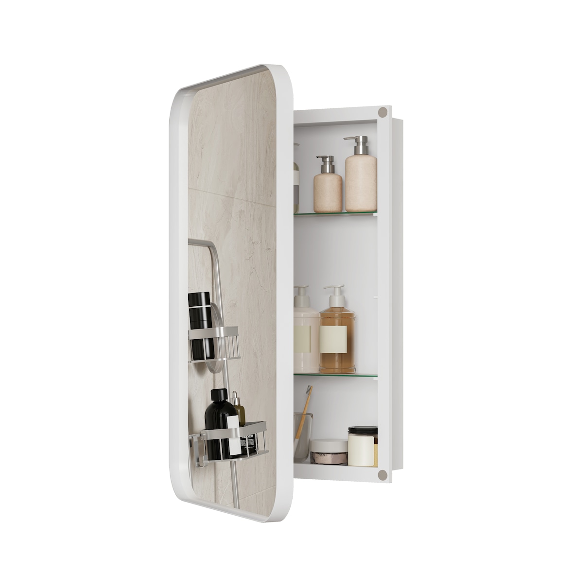 Spiegelschrank Bad Metall Glas Weiß 76x51x12 cm mit verstellbaren Einlegeböden, Wandmontage oder Unterputz, modernes Design und Stauraum