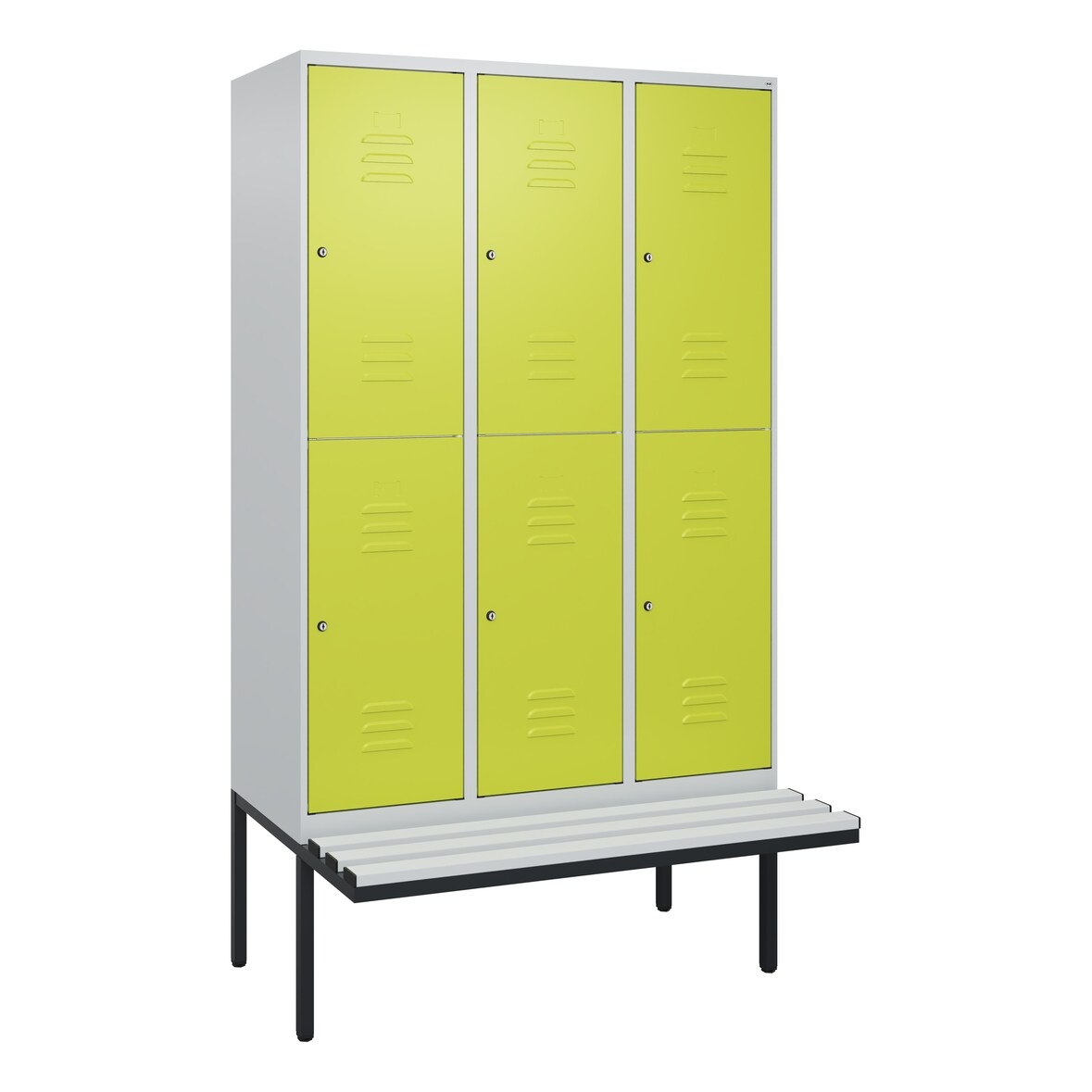 C+P Spind Classic PLUS, Kunststoff schwebende Sitzbank, 6 Abteile, HxBxT 212x120x82cm, Zylinderschloss, Hellgrau/Clowngrün von PROREGAL