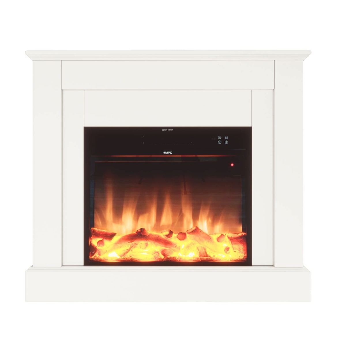 MPC CAMILLO-WHITE Chimenea eléctrica, 60cm, madera blanca, 750W/1500W, efecto de llama LED ultra realista, termostato automático y mando a distancia