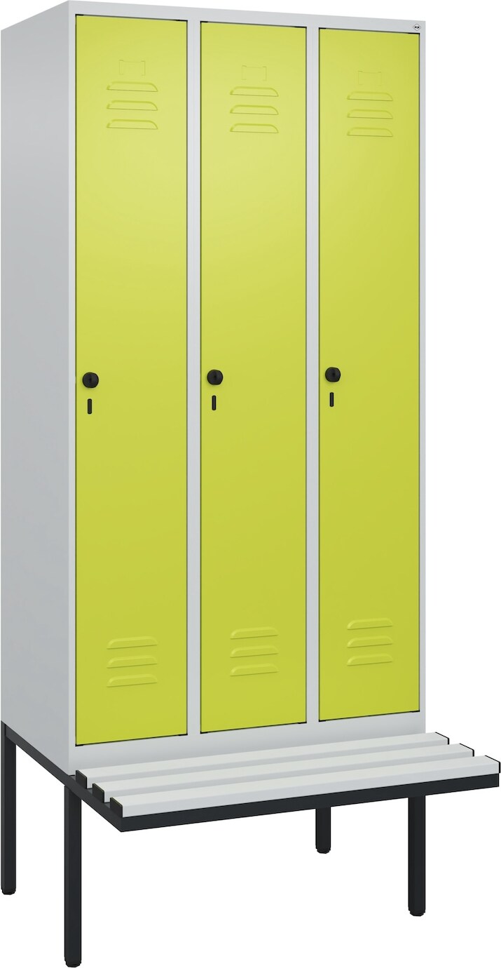 C+P Spind Classic PLUS, Kunststoff schwebende Sitzbank, 3 Abteile, HxBxT 212x90x82cm, Sicherheitsdrehriegel, Hellgrau/Clowngrün von PROREGAL