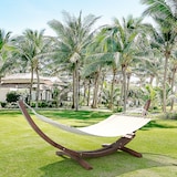 thumbnail of Amaca Da Giardino Supporto Legno Robusto Telo Cotone Resistente Portata Max 150 Kg Esterno Terrazzo Balcone Piscina Design 320 x 100 x 100 Cm Beige