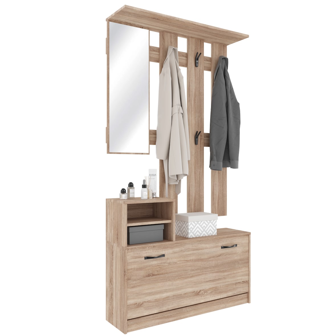 Set Di Mobili Da Ingresso Mobile Corridoio Specchio Scarpiera 6 Ganci Appendiabiti Guardaroba Arredo Arredamento Corridoio 160 x 85 x 24 Cm Rovere