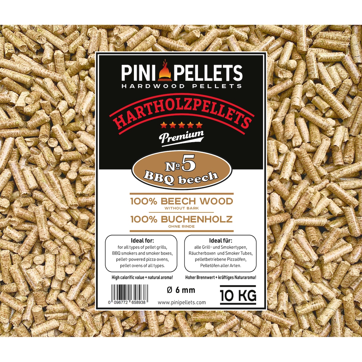 PINI Hartholz Pellets 100% Buche Nr. 5 BBQ Beech 10 Kg Grillpellets zum Grillen Räuchern Smoken