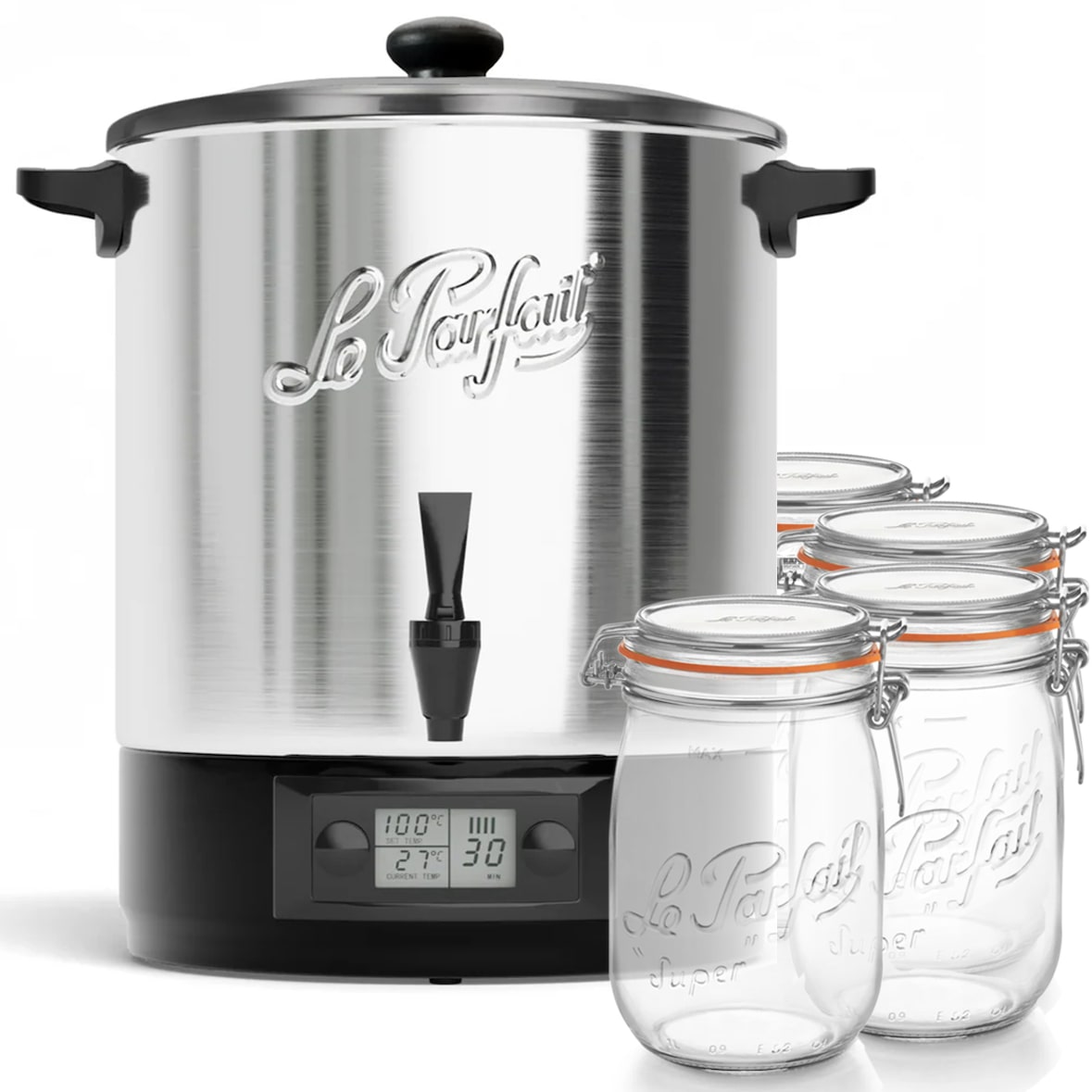 LE PARFAIT stérilisateur de bocaux électrique cuve inox avec robinet 23l 2500w + 4 bocaux de 1l LPF.STV23INA