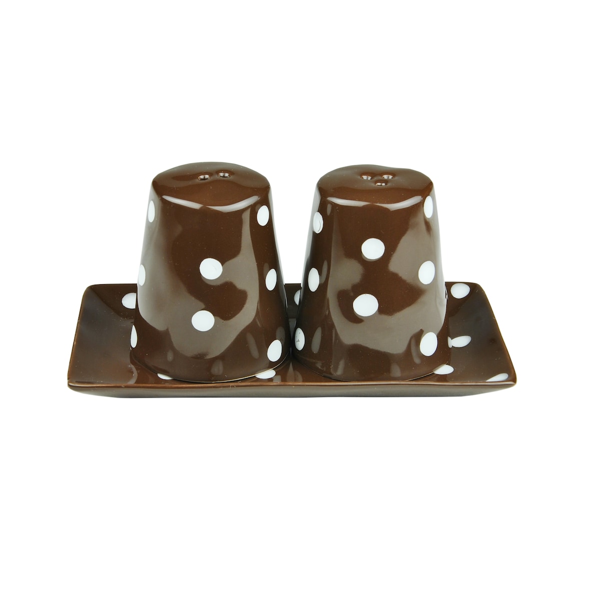 3tlg. Set Salzstreuer + Pfefferstreuer + Untersetzer braun weiß gepunktet - handgefertigte Gewürzstreuer aus Steingut