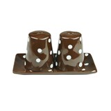 thumbnail of 3tlg. Set Salzstreuer + Pfefferstreuer + Untersetzer braun weiß gepunktet - handgefertigte Gewürzstreuer aus Steingut