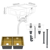 thumbnail of Gasfrit - Keukenspoelbak met 2 bakken, met sifon, voor werkblad van roestvrij staal kleur goud, één spoelbak, 760 x 470 x 200 mm